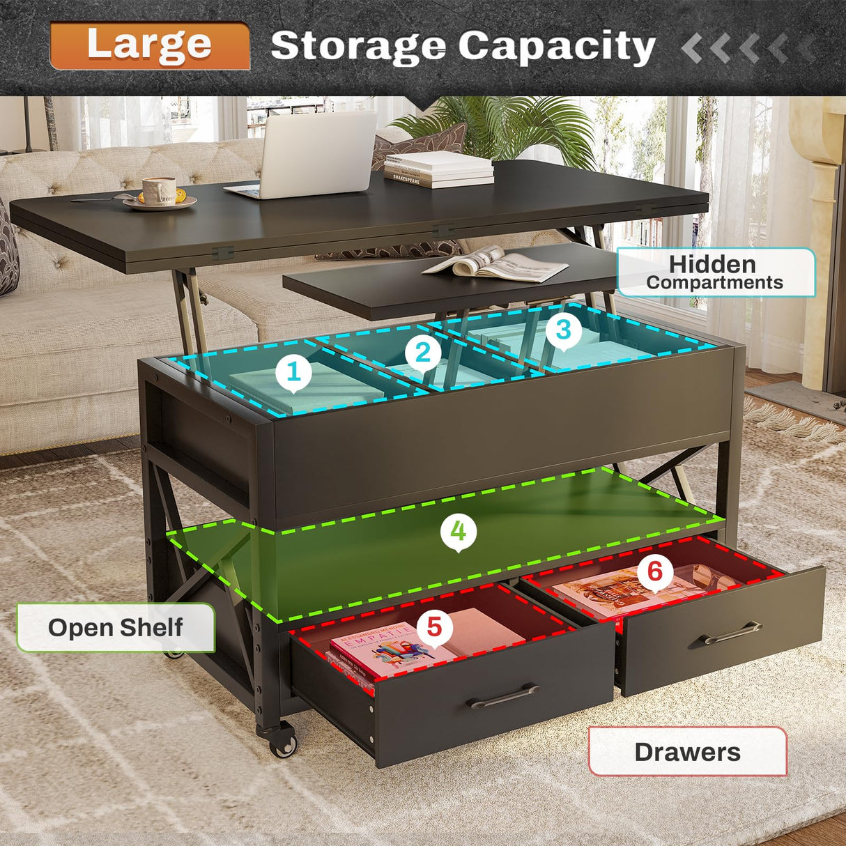 Itaar 40" Lift Top Coffee Table, 4 in 1 Coffee Tables with Storage for Living Room, Small Farmhouse Coffee Table with 2 Drawers & LED Light for Dining Reception Room, Black Itaar