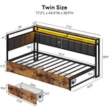 LIKIMIO Corner Bed Frame Twin Daybed with Storage Drawers, Metal Platform Bed Frame with LED Light, Charging Station & Fabric Upholstered Fence, Black LIKIMIO