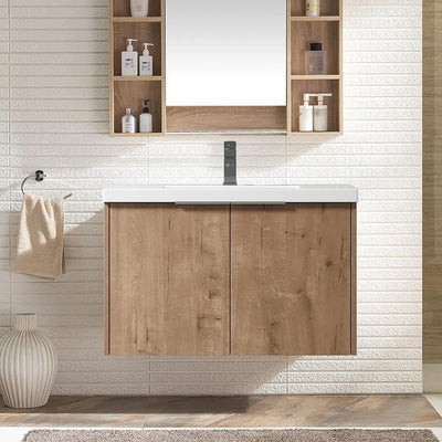 30 inch Bathroom Vanity with Sink, Modern Single Sink Bathroom Vanity, 30" Wall Mounted Bathroom Vanity Cabinet with Resin Basin Top & Soft Closing Doors, Floating Vanity Bathroom in Imitative Oak