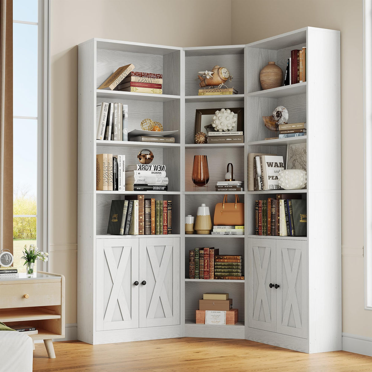 ANCTOR Large Corner Bookcase with 2 Storage Cabinets and 18 Shelves, 7 Tiers L Shaped Wood Bookshelf, 71" Tall Corner Hutch for Living Room, Bedroom, White ANCTOR