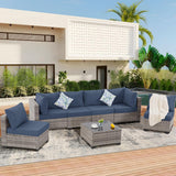 FHFO 7 Piece Outdoor Wicker Patio Furniture Set, Rattan Sectional Sofa Couch, Patio Conversation Set with Cushion & Coffee Table, for Backyard Poolside Porch Garden, Grey-Navy Blue FHFO