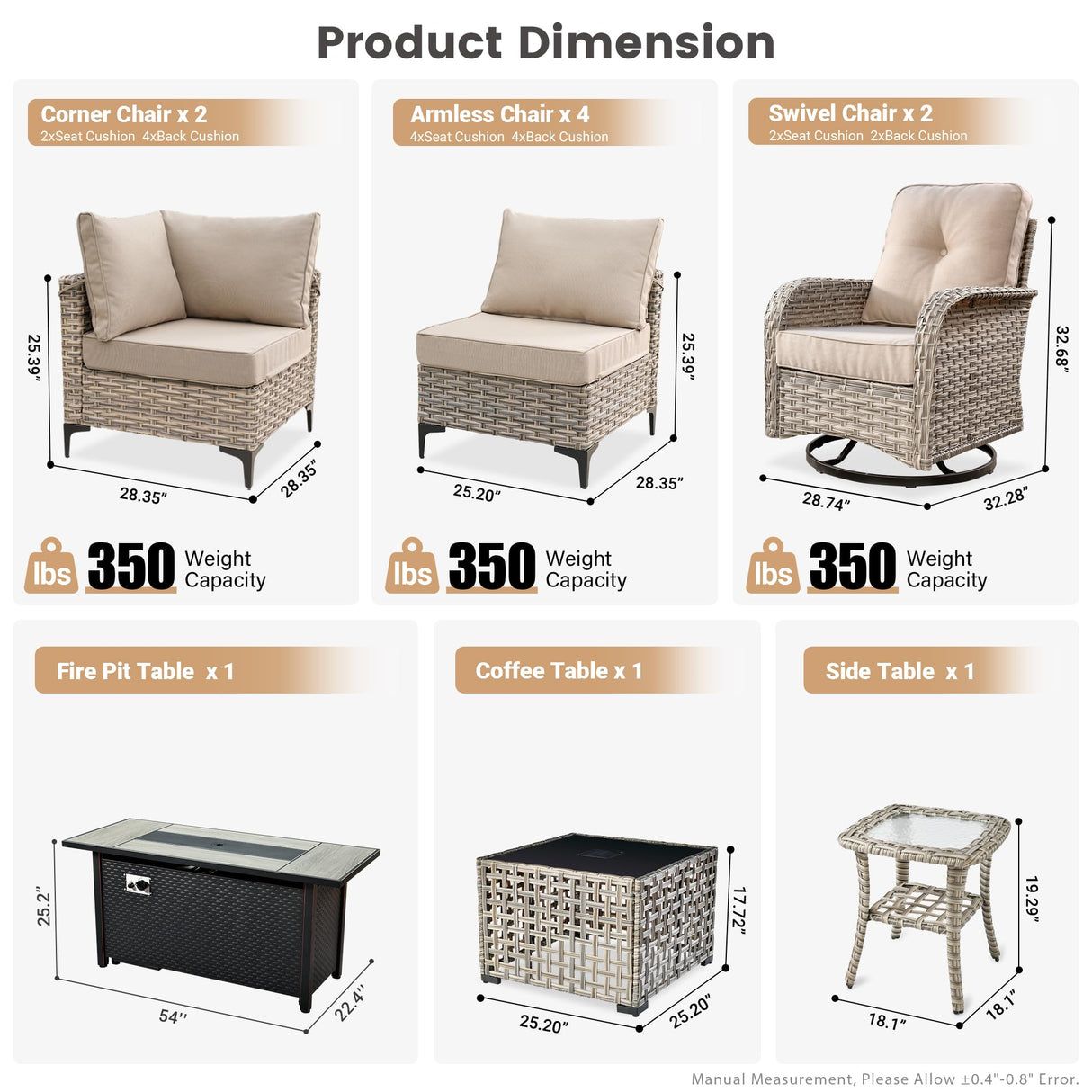 OOBOLT Outdoor Patio Furniture Sets,11 PCS Patio Conversation Set Outside Rattan Sectional Sofa with 54 in Fire Pit Table Wicker Rocking Chair Coffee Table Fit Backyard Porch Garden Poolside Balcony OOBOLT