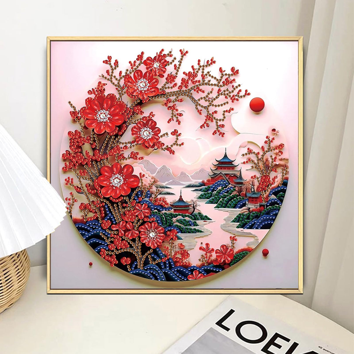 antor Special Shape Diamond Art Kit for Adults, 5D Diamond Painting Kits for Beginner, Crystal Rhinestone Landscape Painting with Red Plum Blossoms, DIY Diamond Painting for Home Wall Decor Gift antor