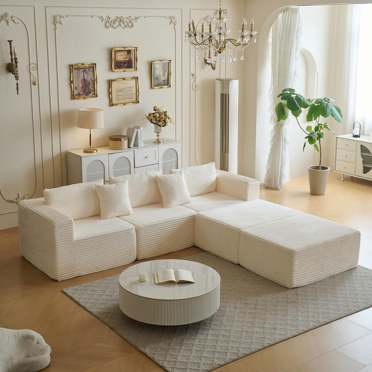 110" Modular Sectional Couch with 2 Movable Ottoman, Cloud Sofa Couches for Living Room, U Shaped Deep Seat Boneless Sofa,Luxury Corduroy Fabric, No Assembly Required White Veloflow