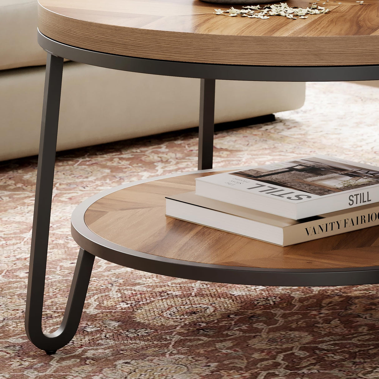 LIKEMET 32" Round Coffee Table, Wood Coffee Table for Sectional Sofa with 2-Tier Storage Shelves, Farmhouse Center Table with Wood Grain Desktop, Easy to Assemble LIKEMET