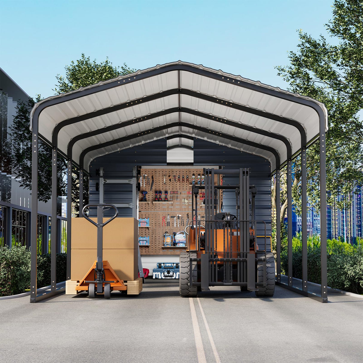 EROMMY 10x25 FT Carport Storage Shed 2-in-1, Heavy Duty Car Port with Galvanized Metal Frame, Base-Reinforced Enclosed Storage Shelter, Extended Coverage for Trucks, Cars & All Vehicles, Gray EROMMY