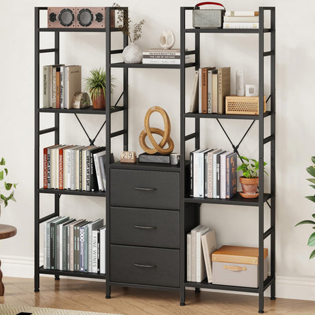 AFLUI Triple Bookshelf with 3 Fabric Drawers, 4-Tier Book Shelf and 10 Display Shelves, Industrial Large Bookcase for Home & Office, Black, 47'' Wide AFLUI