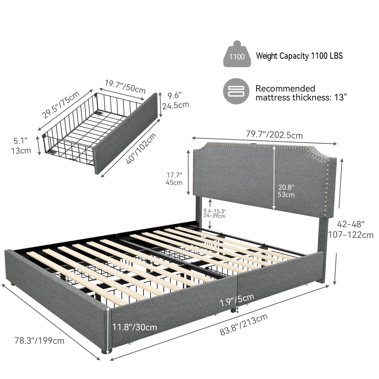 YITAHOME Gray Upholstered King Bed Frame with 4 Storage Drawers & Adjustable Headboard