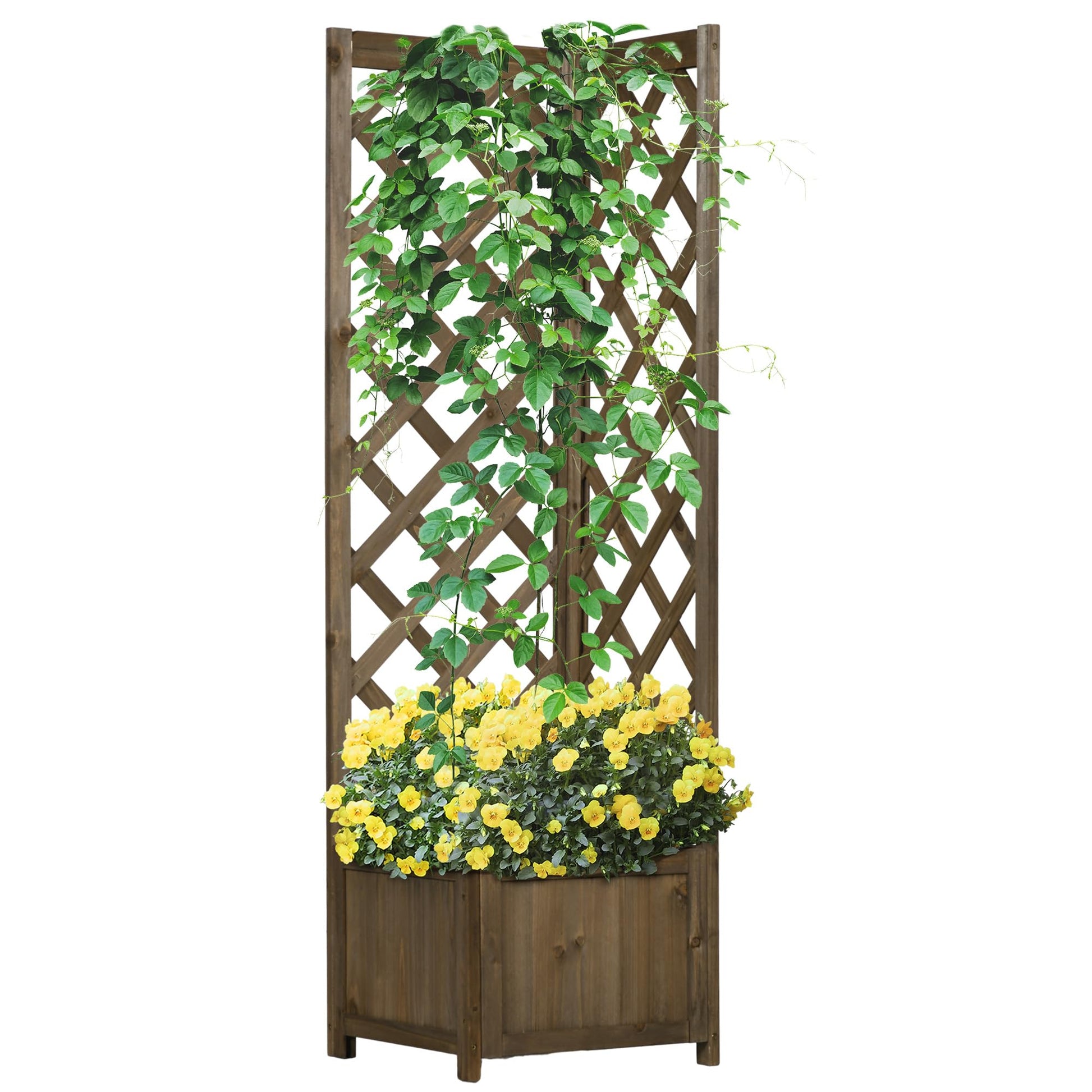 Outsunny Wooden Raised Garden Bed with Trellis, 57" Freestanding Corner Planter Box for Vine Plants Flowers Climbing and Planting Carbonized - WoodArtSupply