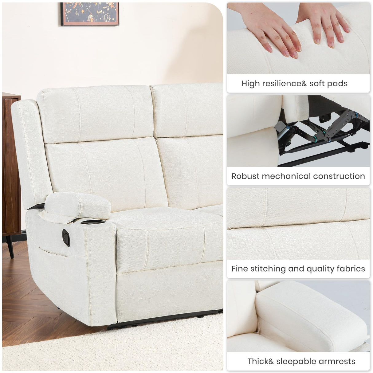 75'' Manual Reclining Sofa with Storage Drawer, 3 Seat Wall Hugger Recliner Couch with Cup Holders, Side Pockets, Chenille Fabric, Compact 3-Person Recliner for RV, Living Room, Apartment (Beige) LURVIA