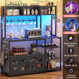 Itaar 47.2 Inch Bakers Rack with Power Outlet, Microwave Stand with Storage, Farmhouse Coffee Bar Cabinet Station with Wine Rack, Iron Grid and 8-S Hooks (Black) Itaar