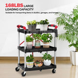 Collapsible Cart with Wheels, Service Cart, Rolling Carts with Wheels Foldable, 3 Tier Rolling Utility Cart, Folding Utility Shopping Cart for Bar, Kitchen, Office, Shopping, Garage PioneerWorks
