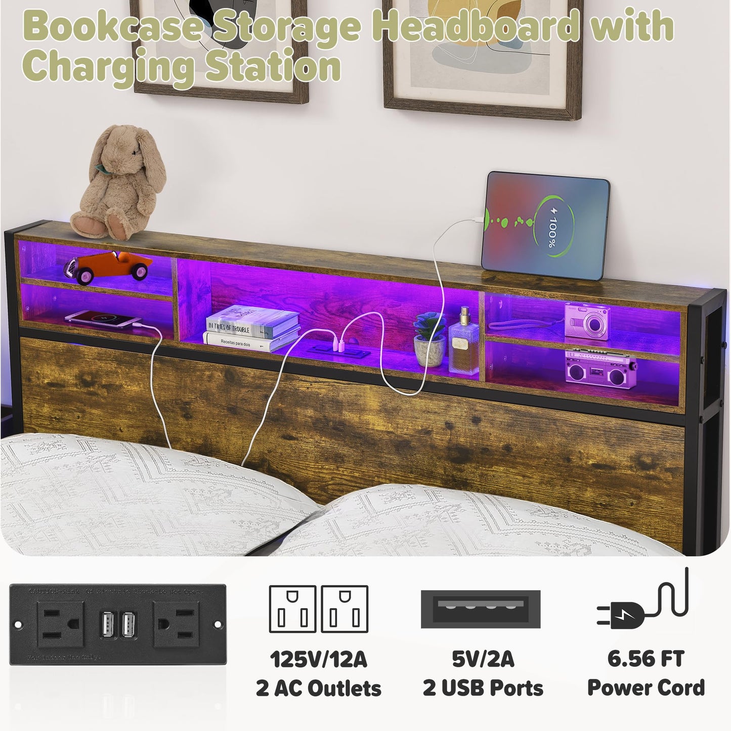 Twin Bed Frame with Bookcase Storage Headboard,Metal Platform Bed with Charging Station & LED Lights, Heavy Duty Metal Slats, No Box Spring Needed, Easy Assembly,Noise Free