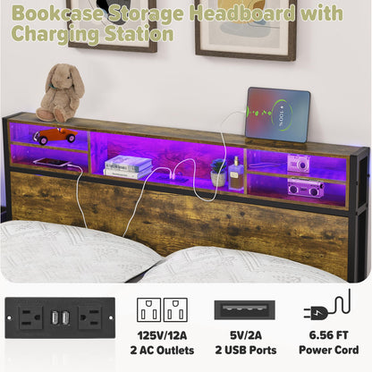 Twin Bed Frame with Bookcase Storage Headboard,Metal Platform Bed with Charging Station & LED Lights, Heavy Duty Metal Slats, No Box Spring Needed, Easy Assembly,Noise Free