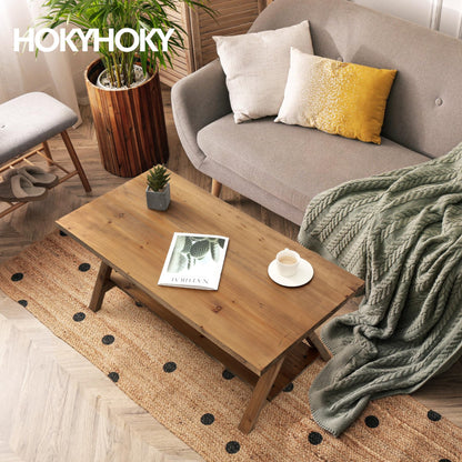 HOKYHOKY Solid Wood Coffee Table - 42.5” Firwood Farmhouse Rustic Wooden Coffee Tables for Living Room, Solid Firwood Rectangle Coffee Table, Center Table for Living Room, Brown