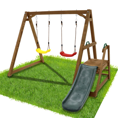POPUQUEEN Kids Swing Set Outdoor and Slide - Sturdy Solid Wood Swing Frame with Climbing Ladder - Natural