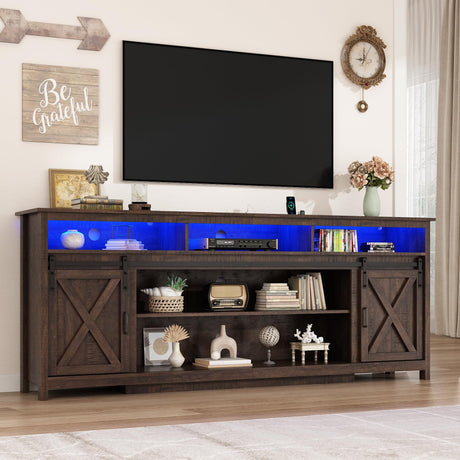 80" LED Farmhouse TV Stand for 90/85/80 Inch TVs,Tall Entertainment Center Storage Cabinets w/Power Outlets and Sliding Barn Door,Rustic TV Stands for Living Room,Media Console Cabinet (Rustic Brown) Hlivelood
