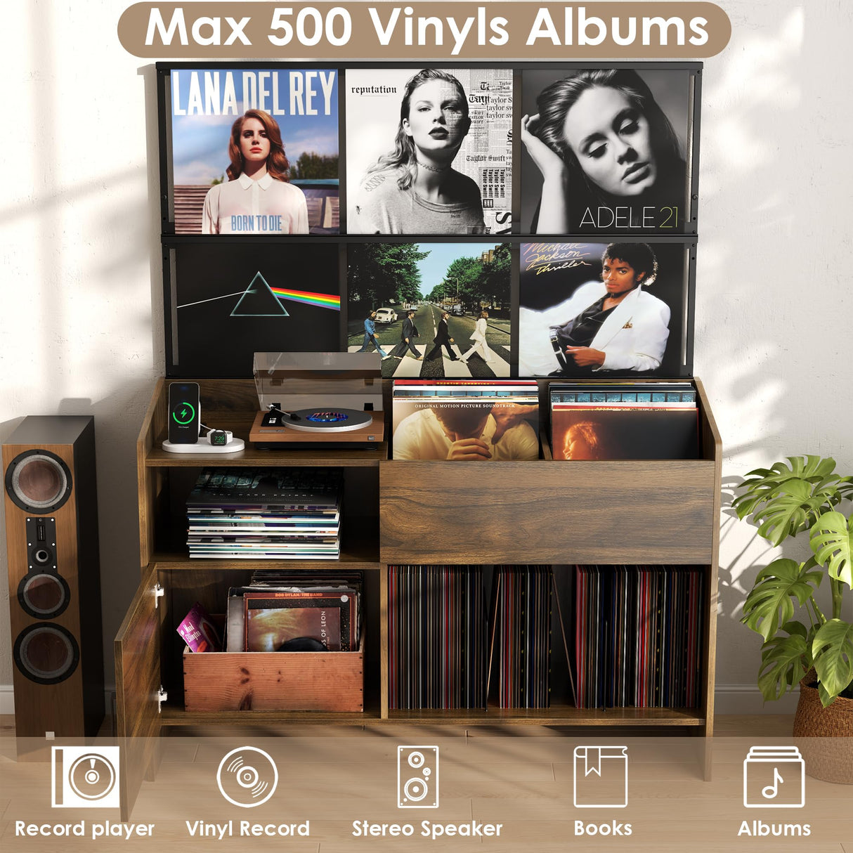 Gyfimoie Upgraded Large Record Player Stand, Mid-Century Turntable Stand with Power Outlet, Large Record Player Table Holds Up to 500 Albums, Vinyl Storage Cabinet Display Shelf for Living Room (Walnut) Gyfimoie