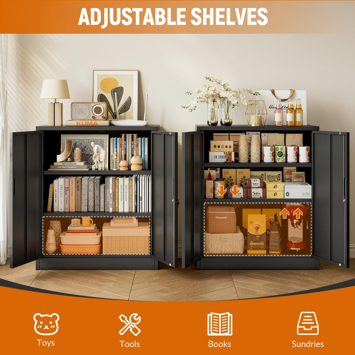 BESFUR Metal Garage Storage Cabinet 36"H, Steel Locking Cabinet with 2 Lockable Doors and 2 Adjustable Shelves easy to assemble for Home Office, Garage,School, Apartment, Warehouse, Utility Room,Black BESFUR