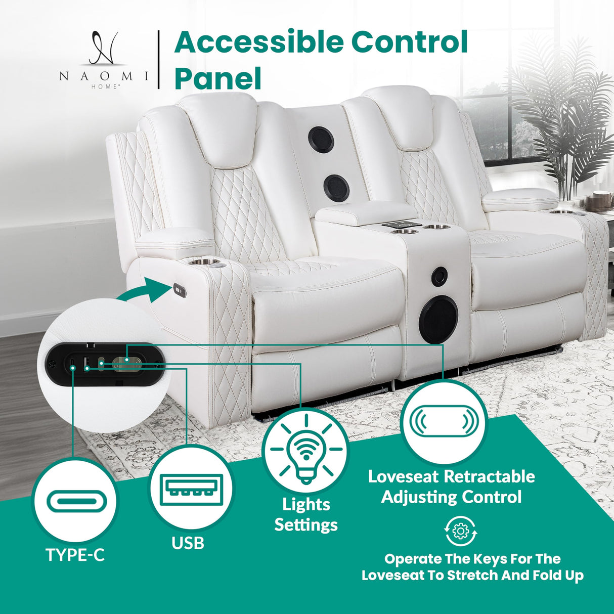 Home Theater Seating, Gaming Chairs for Adults, Wireless Charging Movie Theater Chairs, Power Recline Loveseat with 6 Cup Holders and Tray, Powerful in-Built Speaker, USB Ports, Air Leather – White Naomi Home