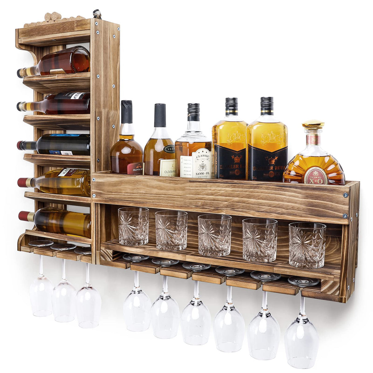 Homde Wine Rack Wall Mounted Wood,Wine Shelf with Bottle Stemware Glass Holder Rustic, Wine Display Storage Rack with Cork Holder for Home Bar Homde