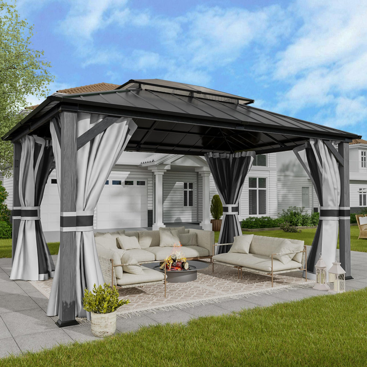 UDPATIO 12'x14'Hardtop Gazebo, Heavy Duty Aluminum Patio Gazebo with Double Galvanized Steel and Polycarbonate Roof,Curtains and Netting Included, Large Outdoor Gazebo for Patio, Deck, Backyard, Grey UDPATIO