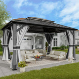 UDPATIO 12'x14'Hardtop Gazebo, Heavy Duty Aluminum Patio Gazebo with Double Galvanized Steel and Polycarbonate Roof,Curtains and Netting Included, Large Outdoor Gazebo for Patio, Deck, Backyard, Grey UDPATIO