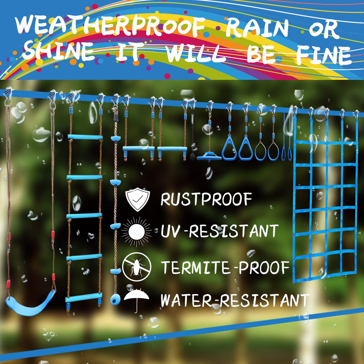 VOKSAFE 56' Weatherproof Ninja Warrior Hanging Obstacle Course Line Backyard Training Equipment Set for Kids, 12 Obstacles, Like Walking Line, Net, Swing VOKSAFE
