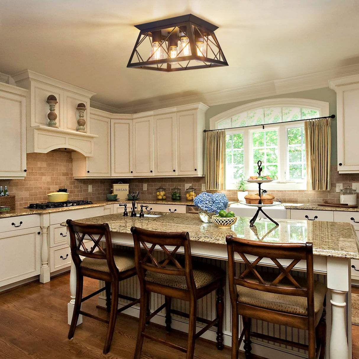 FadimiKoo 4-Light Black Flush Mount Ceiling Light for Kitchen Hallway, Industrial Close to Ceiling Lighting, Farmhouse Square Cage Lamp for Dining Room, Living Room, Bulb Not Included FadimiKoo