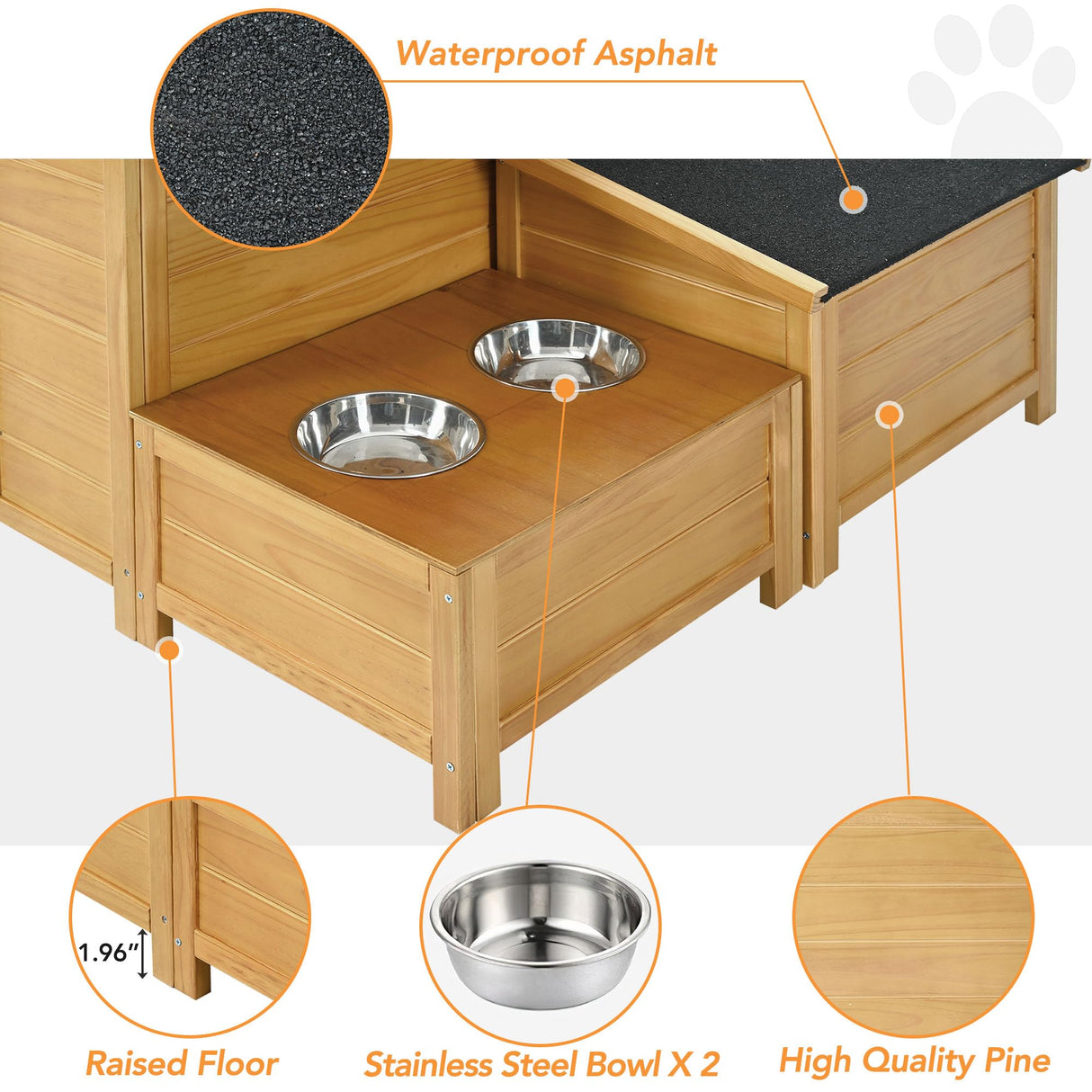 Large Dog House Outdoor, Wood Dog House with Feeding Bowls and Storage Box, Waterproof Roof Doghouse Suitable for Medium Large Dogs - 51.18" L x 43.7" W x 37" H Runave