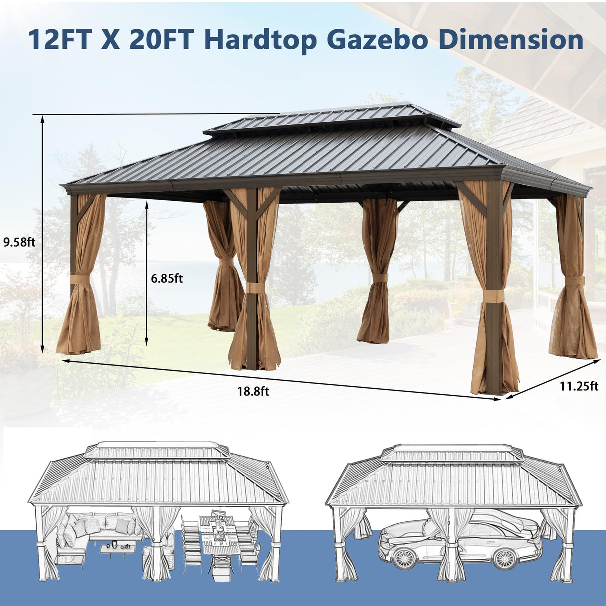 NOBLEMOOD 12' x 20' Outdoor Hardtop Gazebo with Curtain and Netting, All Weather Patio Gazebos with Metal Hard Top Roof for Backyard Deck Garden NOBLEMOOD