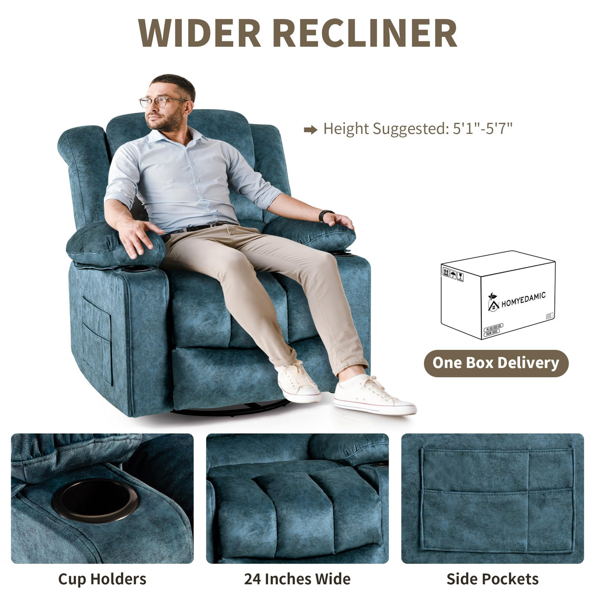 HOMYEDAMIC Recliner Chair Rocker Modern Ergonomic Lounge 360 Degree Swivel Single Sofa Seat Living Room Lounge Recliners (360 Swivel, Blue Green-A - Flannel) HOMYEDAMIC