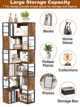 Qriocioa 7-Tier Corner Bookshelf 73.6 Inches Tall Corner Bookcase Industrial Wood and Metal L Shaped Bookshelf Large Storage Display Rack for Living Room, Home Office, Rustic Brown Qriocioa