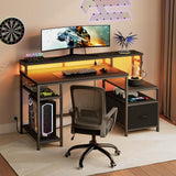 HOOBRO Computer Desk, 55" Home Office Desk with Fabric File Cabinet, Power Outlet and LED Strip, Office Desk with Monitor Stand and 2 Hooks for Home Office, Black BB46UDDN01 HOOBRO