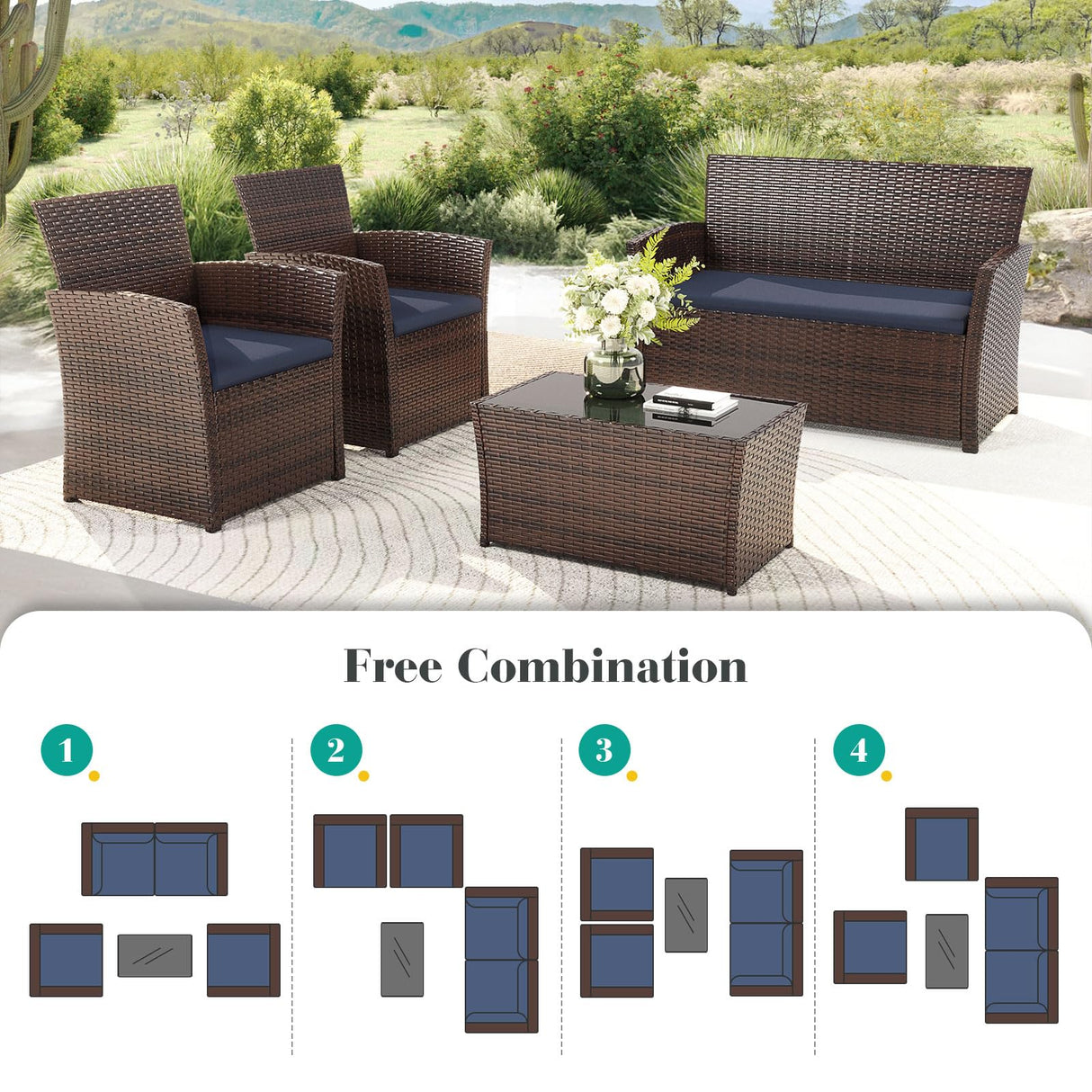 LUCIMUNDI 4 Piece Outdoor Patio Furniture Set, All-Weather Wicker Conversation Sets Include Coffee Table, Armchair, Loveseat, Sectional Furniture for Indoor Outdoor Backyard Pool Garden (Brown & Blue) LUCIMUNDI