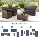 LUCIMUNDI 4 Piece Outdoor Patio Furniture Set, All-Weather Wicker Conversation Sets Include Coffee Table, Armchair, Loveseat, Sectional Furniture for Indoor Outdoor Backyard Pool Garden (Brown & Blue) LUCIMUNDI
