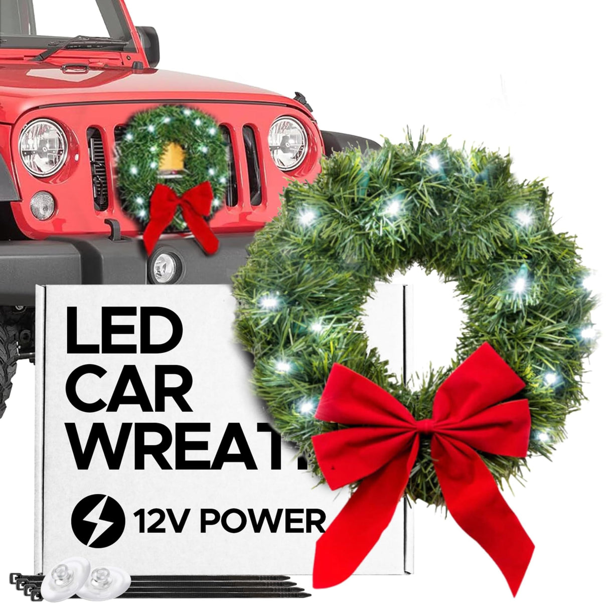 Christmas Car Decoration - Car Christmas Wreath - 2024 Light-Up Christmas Wreath for Car Grill - Fits Jeeps Trucks SUVs RVs Golf Carts and More - 12-Volt Plug-in Wreath Lighting TACTIK