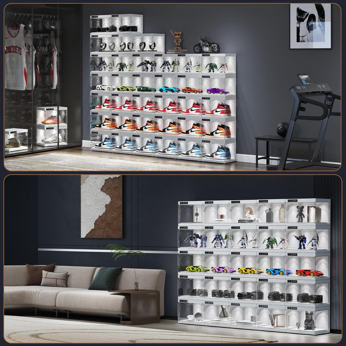 BROVIEW Smart Shoe Display Box with Led Lights, Clear Plastic Stackable Shoe Storage Box, Auto-Opening Shoe Organizer Sneaker Case, Remote Control LED Shoe Boxes, Collection Crate, 1 Pack White BROVIEW