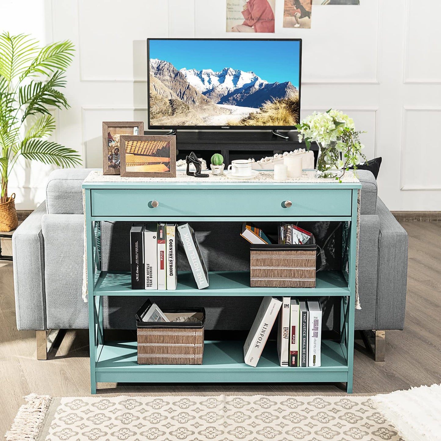 Giantex Console Table 3-Tier W/Drawer and Storage Shelves, X-Design Entryway Table for Hallway, Living Room and Bedroom Sofa Side Table (Blue)