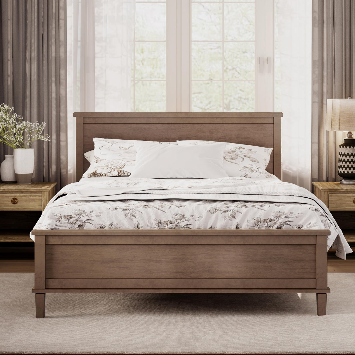 Merax Queen Size Wooden Bed Frame, Mid Century Modern Platform Bed with Tall Headboard and Footboard, Solid Wood Slats Support, No Box Spring Needed, Easy Assembly, Brown Merax