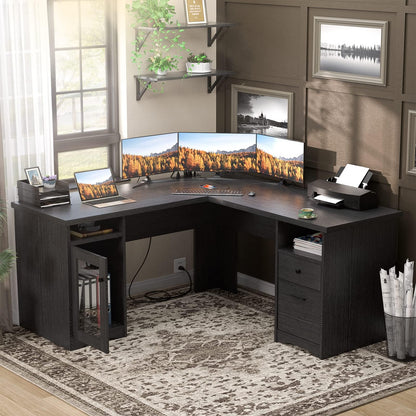 Unikito L Shaped Office Desk with Drawers, 60 Inch Computer Desk with Power Outlet & USB Charging Port, Large Corner Desk with File Cabinets, 2 Person Sturdy Executive Desk with Storage Cabin - WoodArtSupply