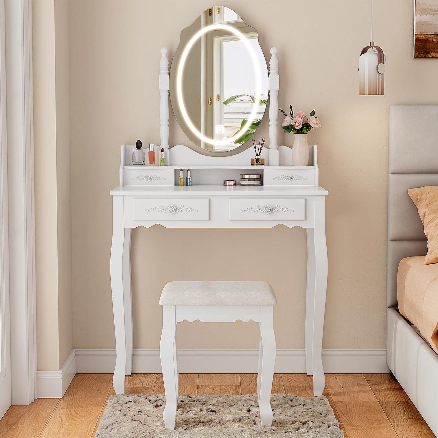 Vanity Desk with Mirror and Lights, Modern Vanity Makeup Table and Cushioned Stool Set with 4 Drawers, 3 Color Lighting Modes with Adjustable Brightness, Dressing Table Set for Bedroom (White - WoodArtSupply