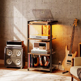 HOOBRO 4-Tier AV Media Stand, Media Console with Charging Station and LED Light Strip, Entertainment Device Stand, Game Console, Record Player, Media Accessories, Rustic Brown and Black BF38UDCJ01 HOOBRO