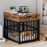 IRONCK Dog Crate Furniture for Small Dogs, Wooden Dog Kennel with Flip Top Drawer, Indoor Pet Crate End Table with Charging Station, Steel-Tube Dog Cage, Rustic Brown IRONCK