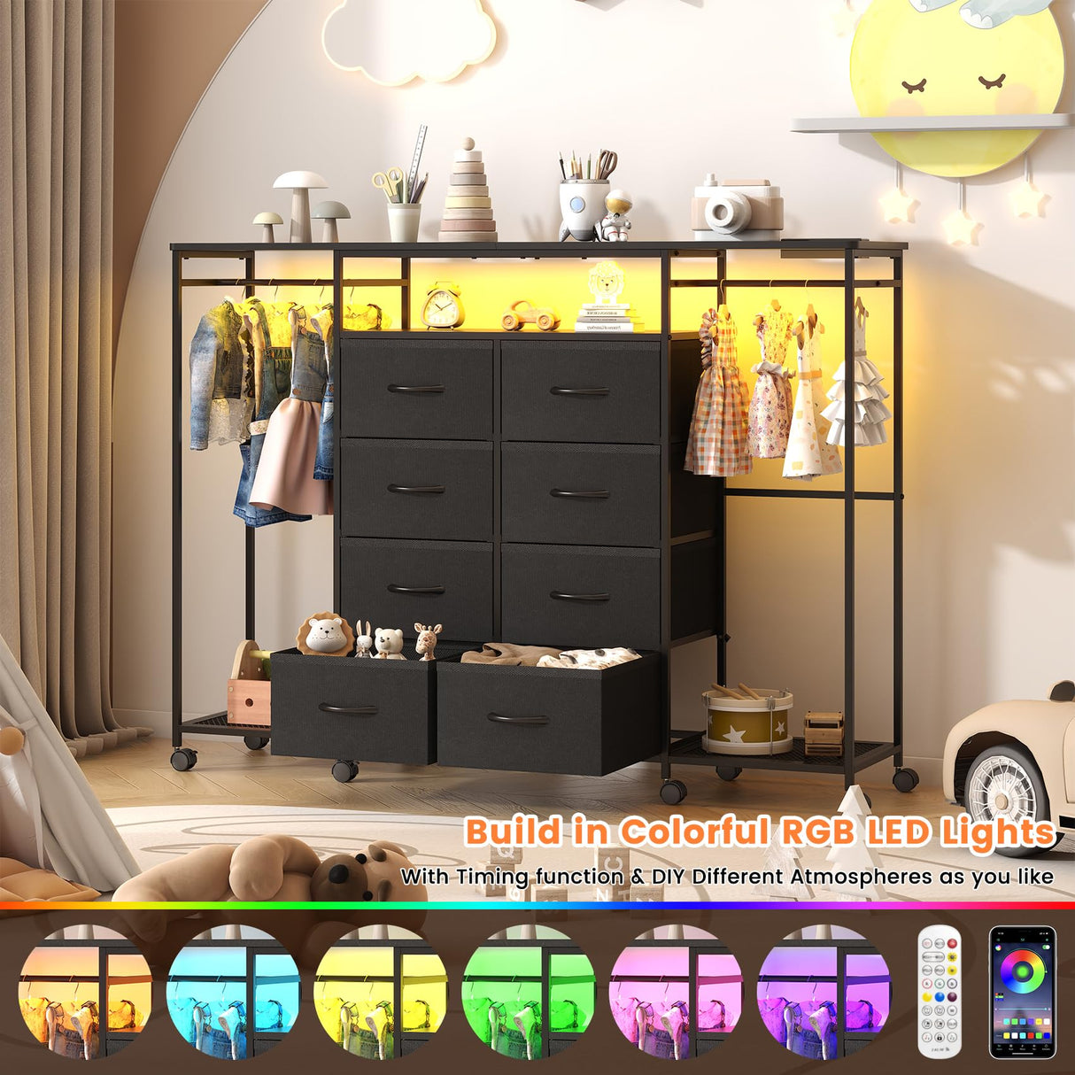 Frmobepts 59.1" W Dresser for Bedroom with Hanging Rack, 8 Drawer Dresser with LED Lights & Charging Station, Fabric Dressers with Portable Wheels,Metal Frame, Wooden Top (Black) Frmobepts