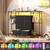 Frmobepts 59.1" W Dresser for Bedroom with Hanging Rack, 8 Drawer Dresser with LED Lights & Charging Station, Fabric Dressers with Portable Wheels,Metal Frame, Wooden Top (Black) Frmobepts