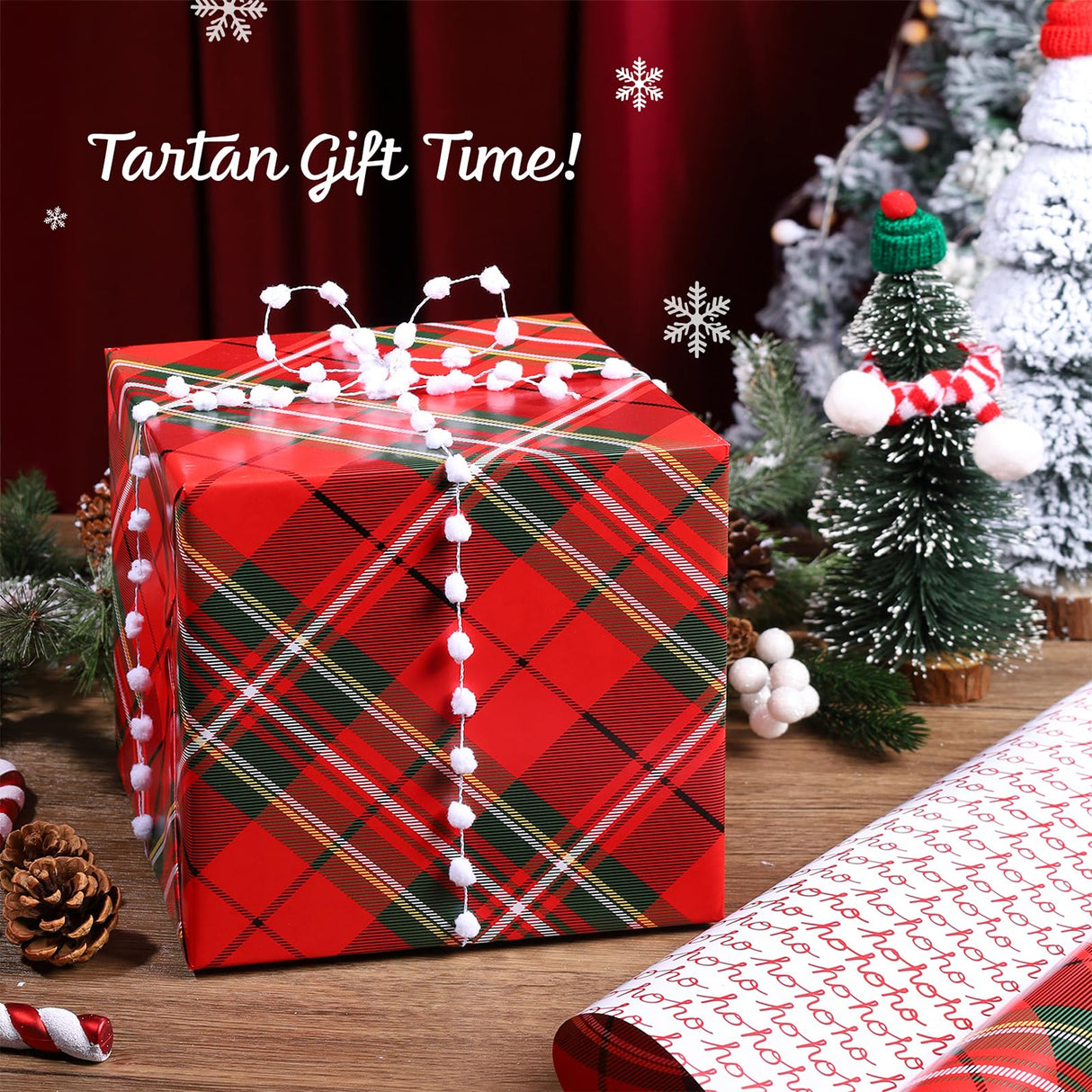 BIOBROWN Reversible Christmas Wrapping Paper - 17 Inch X 33 Feet (46.7 sq. ft. ttl.) - Red Tartan Plaid and HOHO Design Perfect for Xmas, Party, Holiday Gift Wrap BIOBROWN