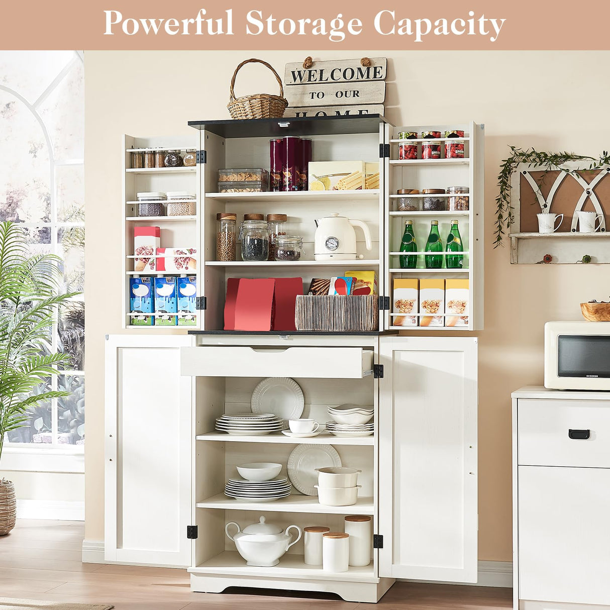 LUXOAK 72" Tall Farmhouse Kitchen Pantry with Rivet Barn Doors, Rustic Wood Cupboard Storage Cabinet/w Drawer & Adjustable Shelves for Dining Living Room, Bathroom & Hallway, Antique White LUXOAK