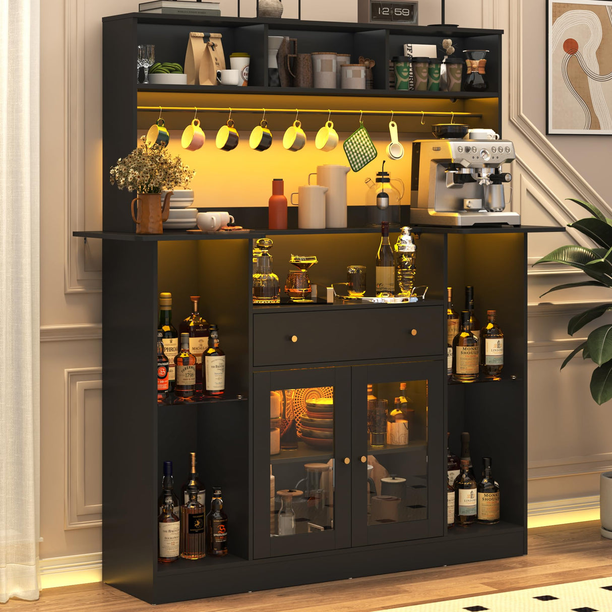 Black Coffee Bar Cabinet with Hutch & LED Lights, 70" Tall Buffet Buffet Cabinet with Storage,Modern Kitchen Sideboard Glass Doors Tall Coffee Hutch with Microwave Stand Glass Shelf Dining Room chartustriable