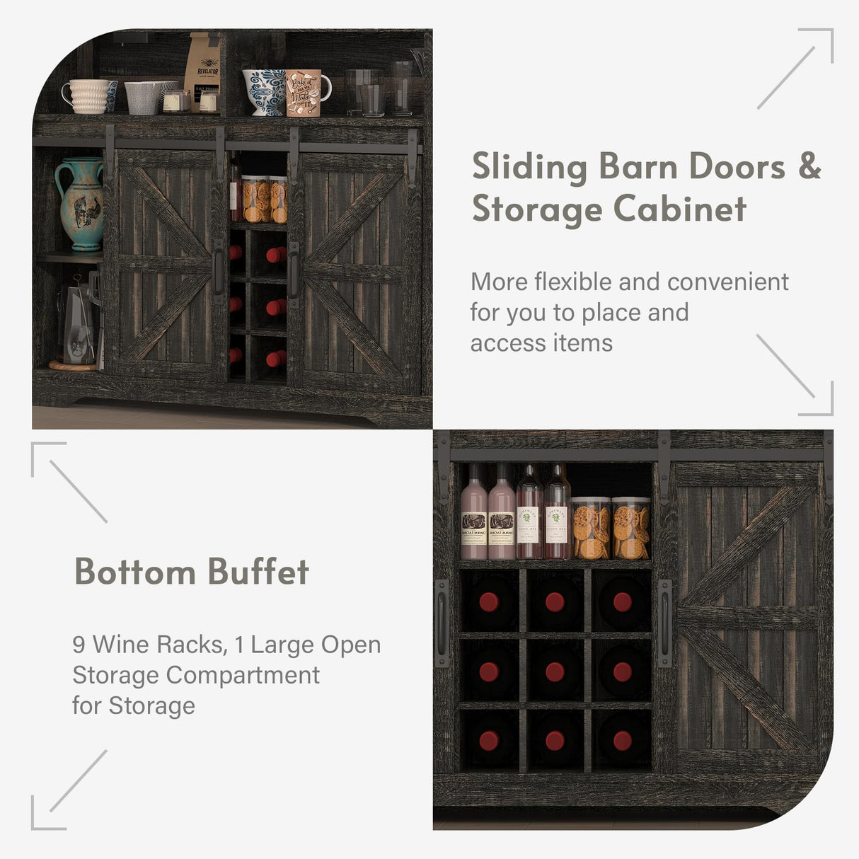 GlouMod Farmhouse Coffee Bar Cabinet with Sliding Barn Door, Buffet Cabinet with Hutch, Kitchen Pantry Cabinet with Power Outlet & Lighting, Tall Liquor Cabinet for Home Dining Room, Black GlouMod